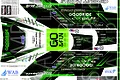 A sheet of Pandora RC vinyl decals featuring various automotive sponsor logos and green and black graphic designs for a 1/10 scale RC car body.