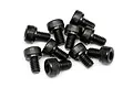 A pile of ten black metal cap head screws with fine threads, isolated on a white background.