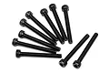A set of ten black metal cap head screws with fine threads arranged on a white background.