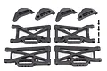 Team Associated Rival MT10 suspension arm set including four black plastic suspension arms, four bumper mounts, and four small metal screws.