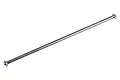 A silver metal centre driveshaft for an RC car, featuring a long rod with cross-pin joints at both ends.