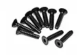 A group of ten black metal countersunk head screws with coarse threads and hexagonal drive sockets, arranged on a white background.