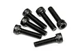 A set of six black metal cap head screws with fine threads, arranged on a white background.