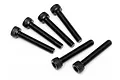 A set of six black metal cap head screws arranged on a white background.