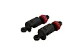 Two ARRMA RC shock absorbers with black bodies and red adjustment collars against a white background.