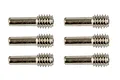 Six silver-colored metal grub pin screws arranged in two columns of three against a white background.