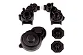 A set of black plastic Stealth X gearbox case components for an Element RC vehicle, including two main housing halves, a cover, and two small circular plates.