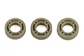 Three identical tan plastic spur gears for the Element RC Stealth X transmission arranged in a row against a white background.
