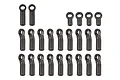 A set of 24 black plastic RC rod ends arranged in rows against a white background.