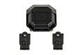 A black plastic differential cover and two matching lower 4-link mounts for an Element RC Enduro chassis, shown against a white background.