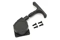 A black Kyosho recoil starter assembly with a T-handle pull cord and four included mounting screws on a white background.