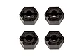 Four black plastic 6mm wheel hex adapters for RC vehicles arranged in a grid on a white background.