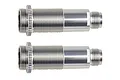 Two silver aluminium RC shock bodies with threaded collars, shown side-by-side against a white background.