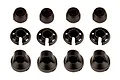 A set of twelve black plastic RC shock absorber components, including spring retainers and shock caps, arranged in three rows on a white background.
