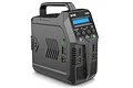 SkyRC T400Q quad port smart charger in a black plastic housing with a carry handle, LCD screen, and multiple charging ports.