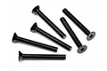Six black metal countersunk head screws with hex drive sockets arranged on a white background.