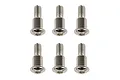 Six silver-colored metal shoulder screws with hex drive heads arranged in two rows of three against a white background.