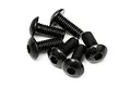A small pile of black metal button head hex screws against a white background.