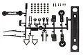 A black plastic parts tree containing various scale RC body accessories for the Element RC Trailwalker, including mirrors, wipers, and mounting hardware.