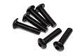 A set of six black metal button head screws with hex sockets, arranged on a white background.