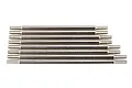 A set of eight silver-coloured metal suspension links for an RC vehicle, arranged horizontally against a white background.