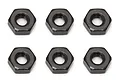 A top-down view of six identical black steel hex nuts arranged in two rows of three against a plain white background.