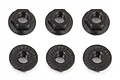 Six black steel flanged serrated wheel nuts for RC cars arranged in two rows of three on a white background.