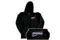 A black Team Associated zip-up hoodie featuring a small logo on the chest and a large Team Associated logo on the back.
