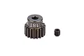 A dark grey 18-tooth aluminium pinion gear with a matching grub screw on a white background.