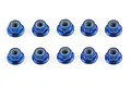 Ten blue anodized aluminium 4mm flanged nyloc nuts arranged in two rows of five on a white background.