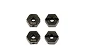 Four black steel 12mm wheel hexes for RC cars, shown from top and bottom angles, with 6mm engraved on the face.