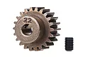 A 22-tooth metal pinion gear with a small black grub screw next to it on a white background.