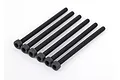 A set of six black metal cap head screws with hexagonal sockets arranged in a row against a white background.