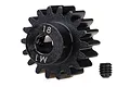 A black 18-tooth 1-module steel pinion gear for RC cars, shown with a small grub screw on a white background.