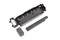 A black plastic Traxxas battery tray with two pieces of grey foam padding on a white background.