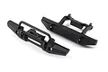 Two black plastic RC car bumpers, one front with a bull bar and one rear, isolated on a white background.