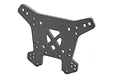A grey aluminium rear shock tower for a Traxxas RC vehicle, featuring multiple mounting holes and a cutout design.