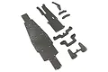 A set of carbon fibre chassis upgrade parts for an RC car, including a main chassis plate, top deck, and various shock towers and mounting brackets.
