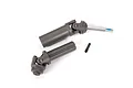 Traxxas heavy duty driveshaft components including two shaft halves and a small grub screw on a white background.