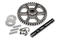 HPI Savage 44T steel idler gear set including a large gear, metal shaft, washers, pins, and e-clips on a white background.