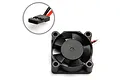 A black square RC cooling fan with a red and black wire lead and a close-up inset view of the two-pin connector.