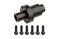 A black metal ring gear spool for an RC car drivetrain, accompanied by six small black hex-head screws, isolated on a white background.