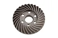 A grey machined metal differential ring gear for an RC vehicle, featuring spiral-cut teeth and a central mounting hole with five smaller bolt holes.