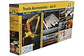 Italeri 1/24 scale Truck Accessories II model kit box showing a yellow crane and various truck parts.