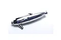 A polished chrome Kyosho tuned exhaust pipe for an RC nitro engine, featuring a side-mounted pressure nipple and inlet.
