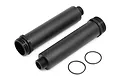 Two black cylindrical shock bodies for HPI Savage RC trucks, shown with two small black O-rings on a white background.