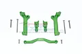 GPM Racing green aluminium front shock tower set for RC cars, including mounting brackets, a cross brace, and various screws on a white background.