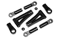 A set of black plastic RC suspension parts including two A-arms, four ball ends, and two small spacers on a white background.