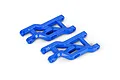 A pair of blue Traxxas heavy-duty front suspension arms for RC vehicles, shown from an elevated angle on a white background.