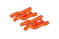 Two bright orange Traxxas heavy-duty front suspension arms for RC vehicles, shown from an elevated angle against a white background.